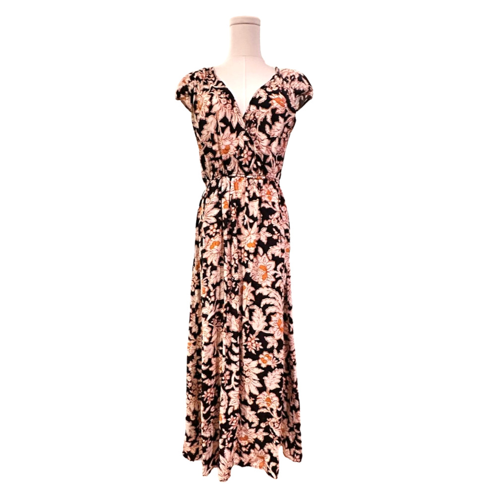 MNG Black Floral Maxi Dress Cap Sleeve Faux Wrap V Neck Tie Back Size 6